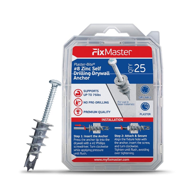 FixMaster Zinc Plaster Bite Self-Drilling Drywall Anchors w/Screws (25 Anchors & 25 Screws) – Heavy Duty Zinc Hollow Wall Anchor Kit for 3/8", 1/2", 5/8" Drywall – 75 lbs Holding Strength - Image 1
